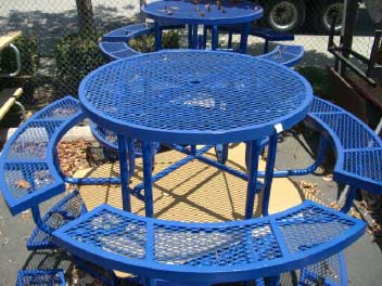 Blue Metal Picnic Tables With Attached Benches Round In Picnic